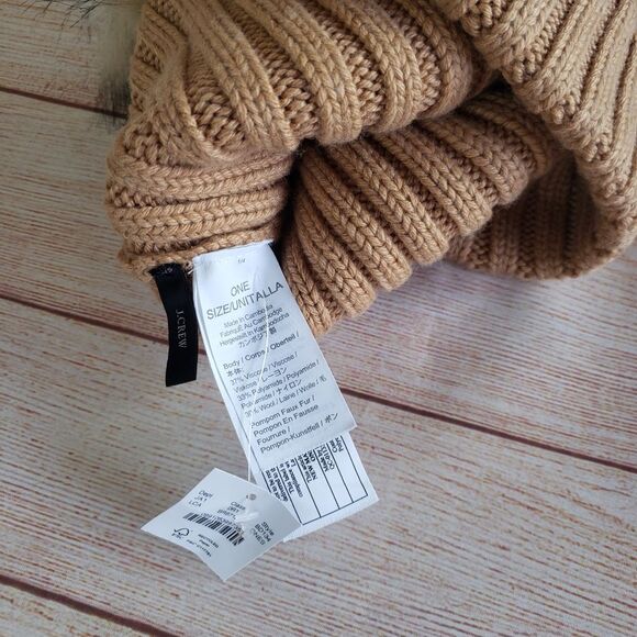 J. Crew Ribbed Knit Faux Fur Pom Pom Beanie in Light Caramel - Picture 6 of 8